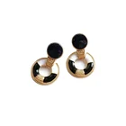 White Drop Retro Court Black And White Drop Glaze Silver Needle Earrings Circle Personalized Earrings