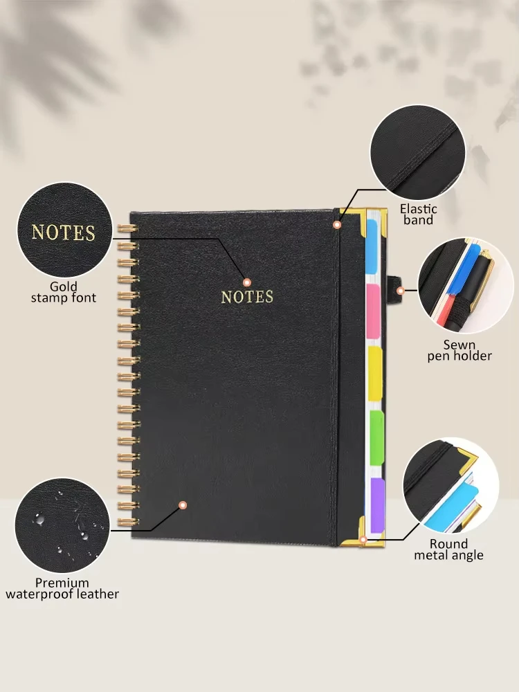 A5 custom printing debossed logo 80°lay flat 5 subject hardcover spiral notebook journal with dividers tabs A5 custom printing debossed logo 80°lay flat 5 subject hardcover spiral notebook journal with dividers tabs