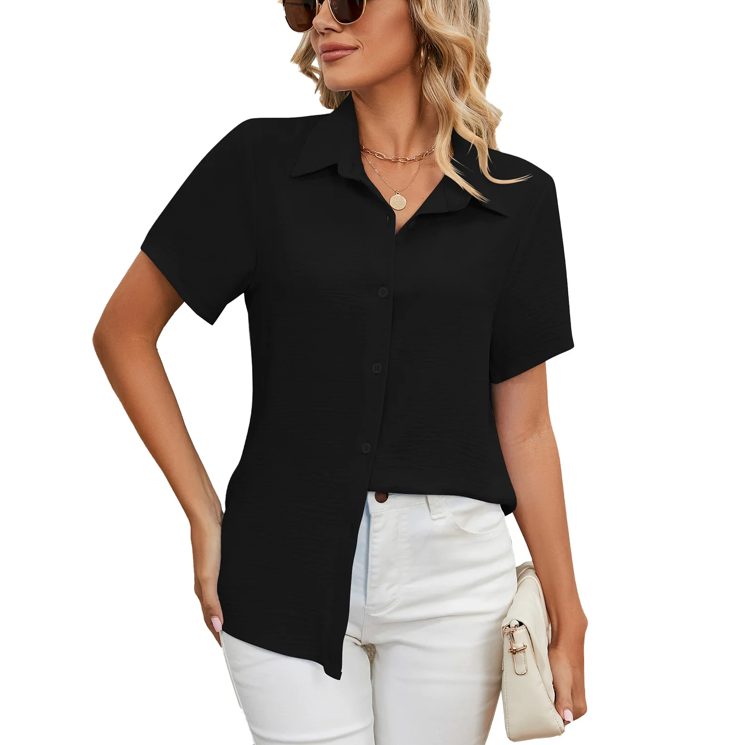 Chigant Silk Button Down Shirts Short Sleeve V-Neck Satin Blouse Office Tunic Top for Women