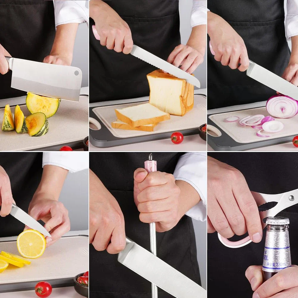 High Quality Multifunctional stainless steel 9Pcs knife set kitchen knives with stand peeler sharpener scissors knife set