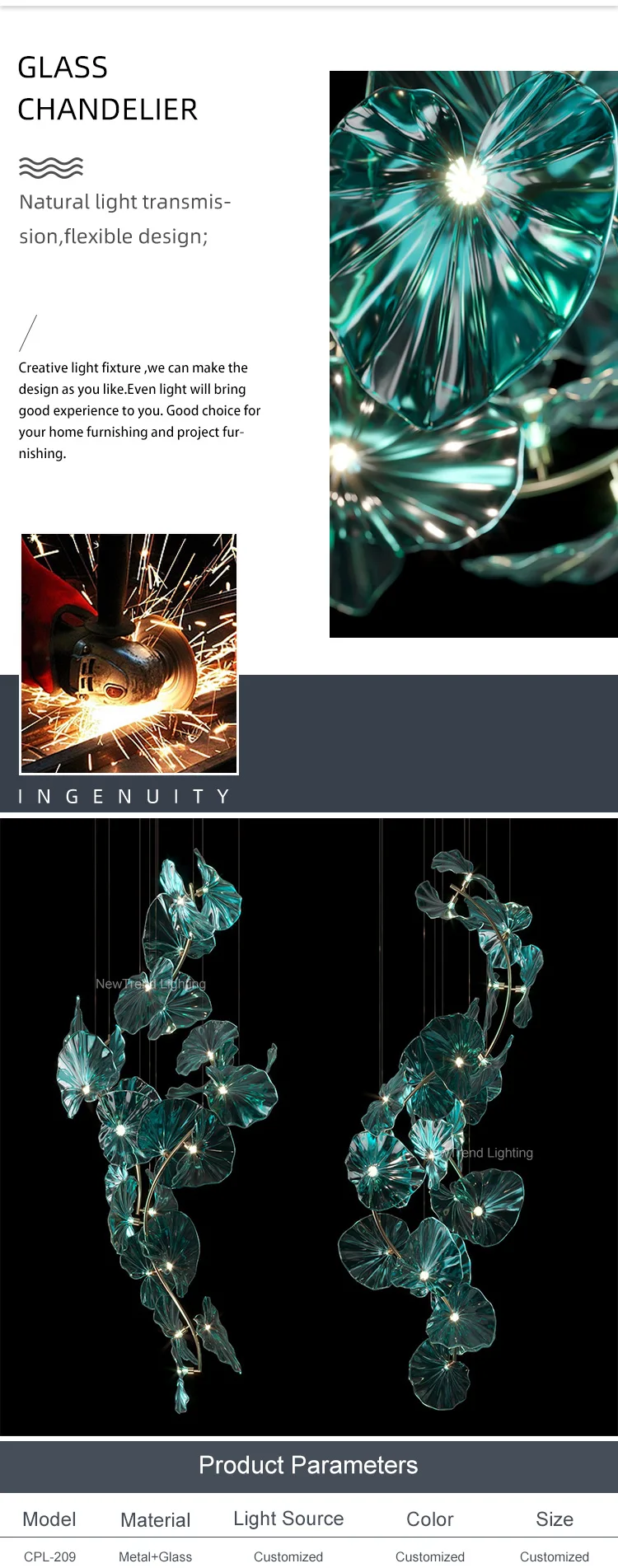 CPL-209 High-end Custom Indoor Decorative Pendant Lamp Living Room Dining Room Metal Glass Leaf LED Branch Chandelier supplier