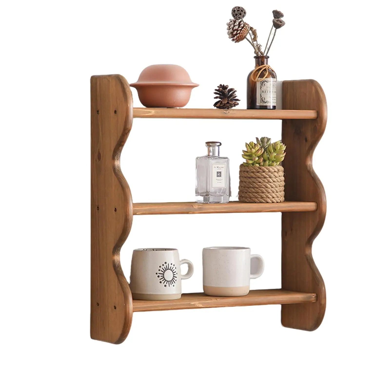 product wood floating wall shelf farmhouse wall mounted storage rack wavy edge display rack 3 tier rustic hanging storage shelf-10