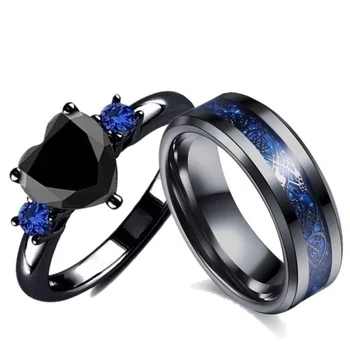 Heart Moissanite Ring Set Engagement Creative Jewelry Women Couple Diamond Men Tungsten Wedding Ring Black 1