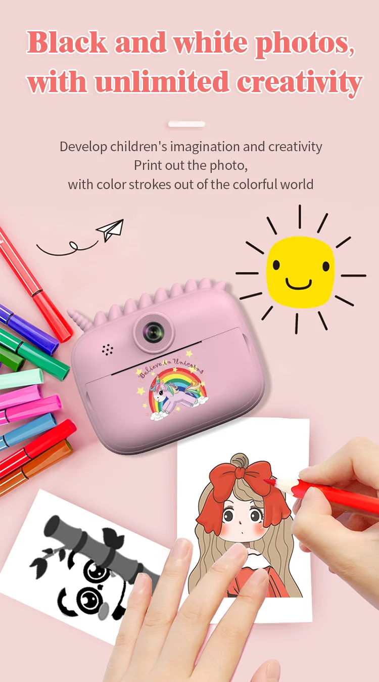 Unicorns Kids Camera Instant Print  1080P Selfie Digital Video Camera Children Thermal Photo  Instant Print  Camcorder