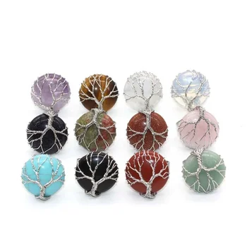 Natural Various Healing Chakra Crystal Stone Tree Life Round Rings Women Handmade Silver Copper Wire Adjustable Ring Jewelry