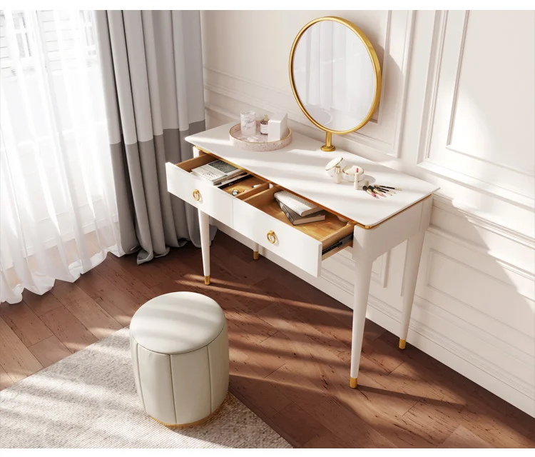 Linsy Mini Simple Modern White Metal Gold Marble Make Up Vanity Table Set Dresser Cheap Dressing Table EK1C