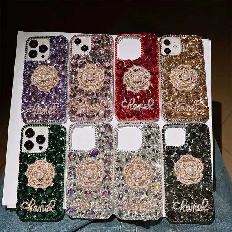 Luxury Rhinestone Camellia Flower Mobile Phone Case for iPhone 15 14 Samsung S24 S23 A34 A54