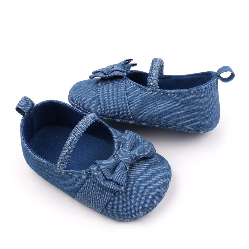 Fashion Trend Baby Solid Color Denim Cute Bow Elastic Princess Mary Jane Flats Toddler Shoes manufacture