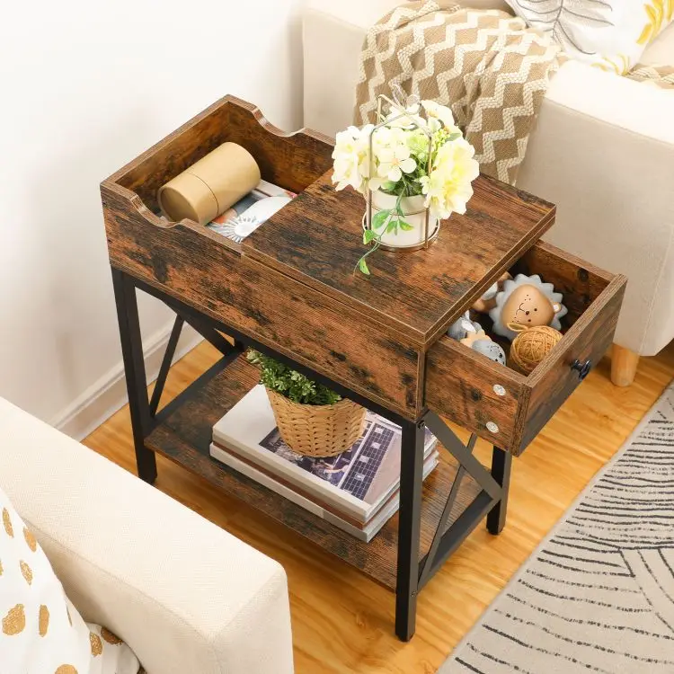 Wholesale Industrial Style Wooden Flip Top Side End Table with Storage Narrow Bedside Table Narrow Nightstand Accent Lamp Table