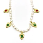 Pearls Fashion Jewelry Red Green CZ Charms Freshwater Pearls Necklaces