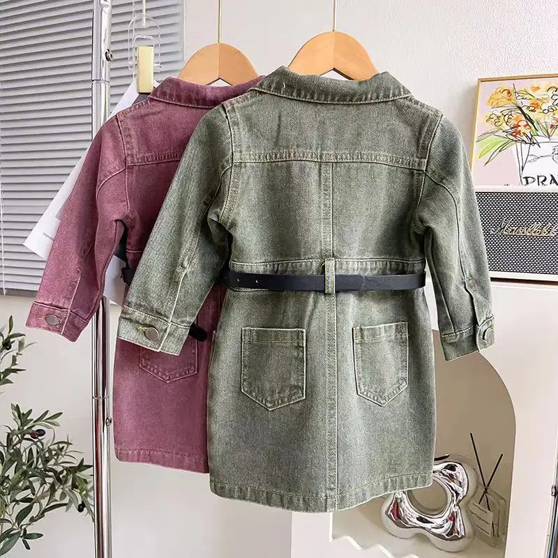 Korean popular 2023 autumn new girl's long sleeve denim dress boutique children's wear toddler dresses with belt