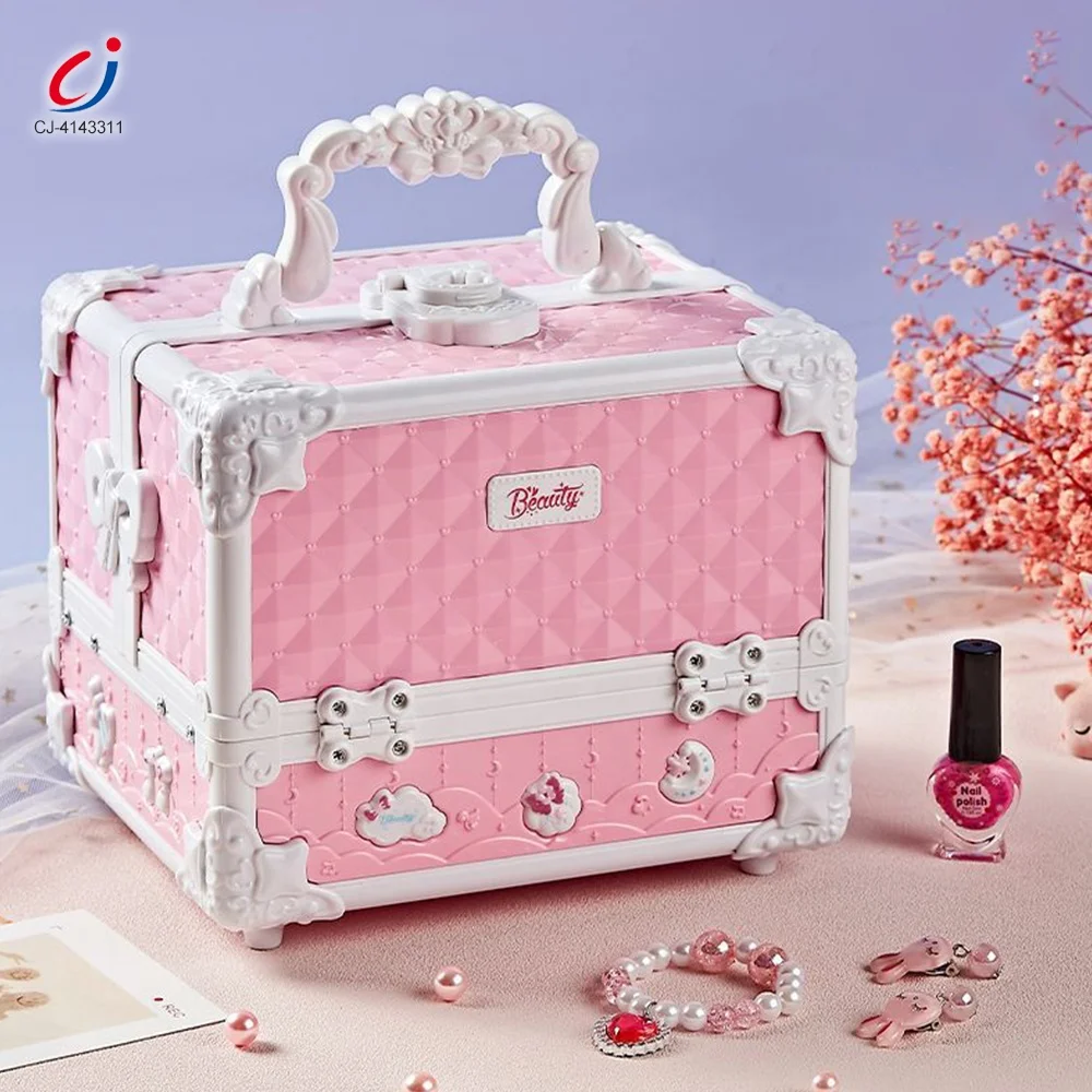 Chengji kids pretend play real cosmetic kit suitcase beauty toys set makeup sets cosmetics box toy for girls
