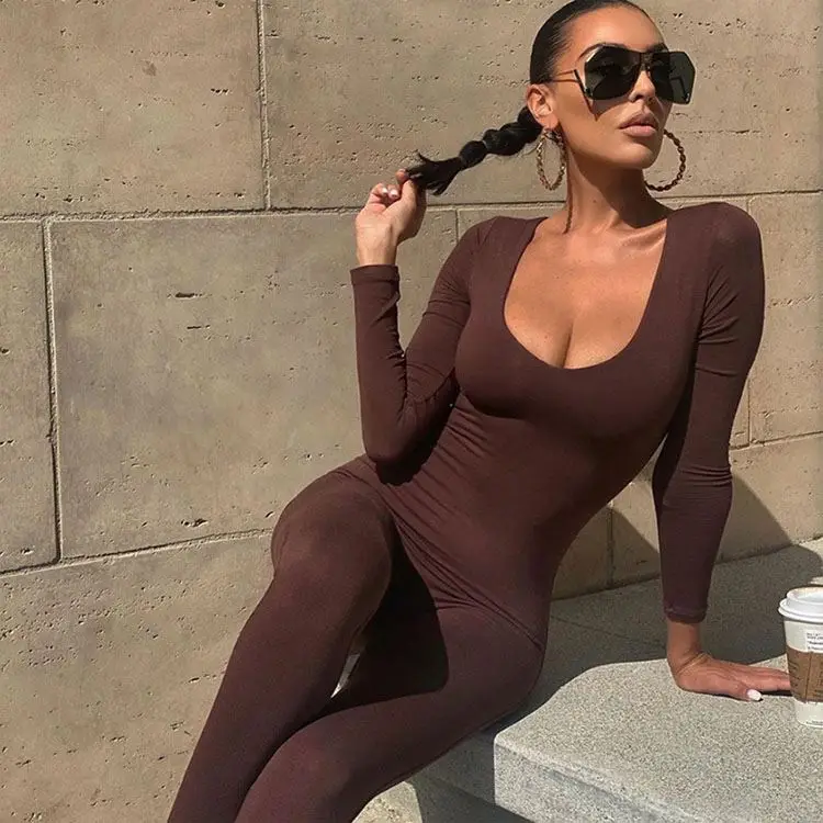 2023 Europe Hot Sexy One-piece Pants Bodysuit All Match Long Sleeve Casual Low Collar High Waist Sports Jumpsuit