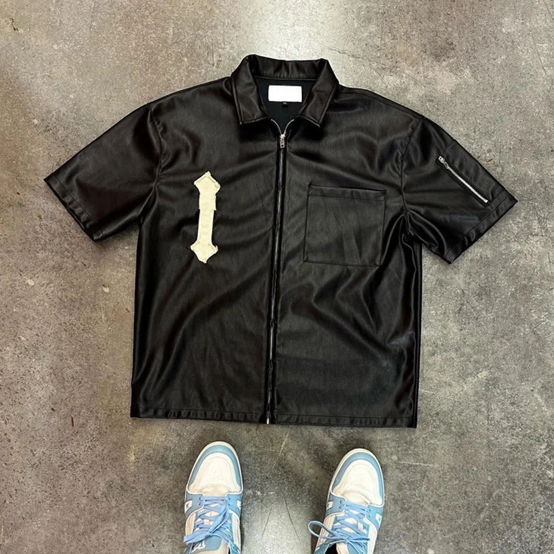 product custom vintage distressed applique embroidery pu leather shirt high quality short sleeve hip hop pu leather shirt for men-2