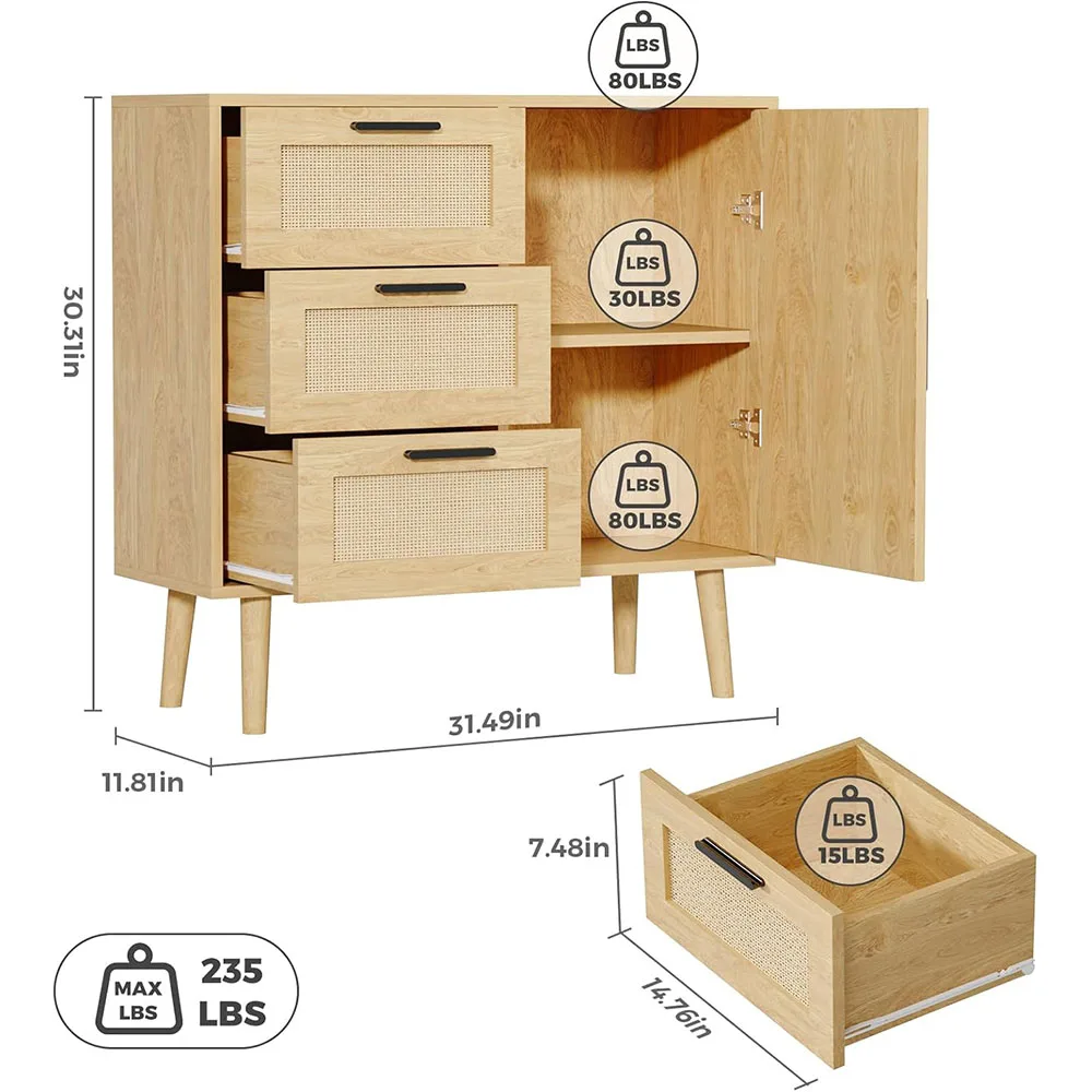 Rattan Sideboard & Wooden Cabinet with 3 Drawers & Door Space-Saving Storage for Living Room manufacture