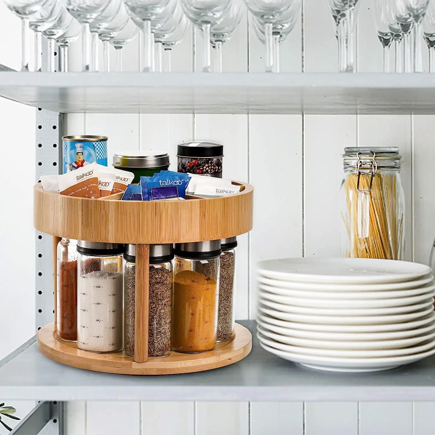 product round 2 tier rotating lazy susan turntable home kitchen bamboo spice rack organizer for cabinet-3