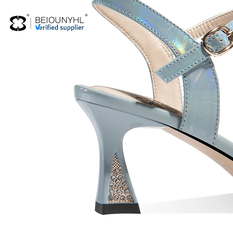 2024 Custom Logo Big Size Private Label Special Low Heel Sandals Sexy Rhinestone Buckle Strap Ankle Wrap Round Toe Women Sandals