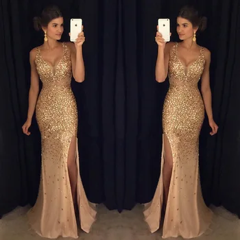 Customized Foreign Trade High Waist Split Long Dress with Gold Stamping Dress Sexy Sleeveless Evening Dress