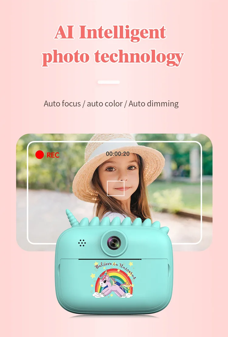 Unicorns Kids Camera Instant Print  1080P Selfie Digital Video Camera Children Thermal Photo  Instant Print  Camcorder