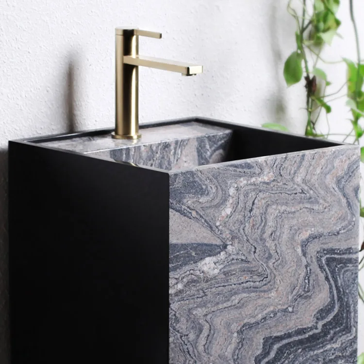 Factory Direct Good Price Square Marble Pedestal Washbasin Luxury Free Standing Sinks