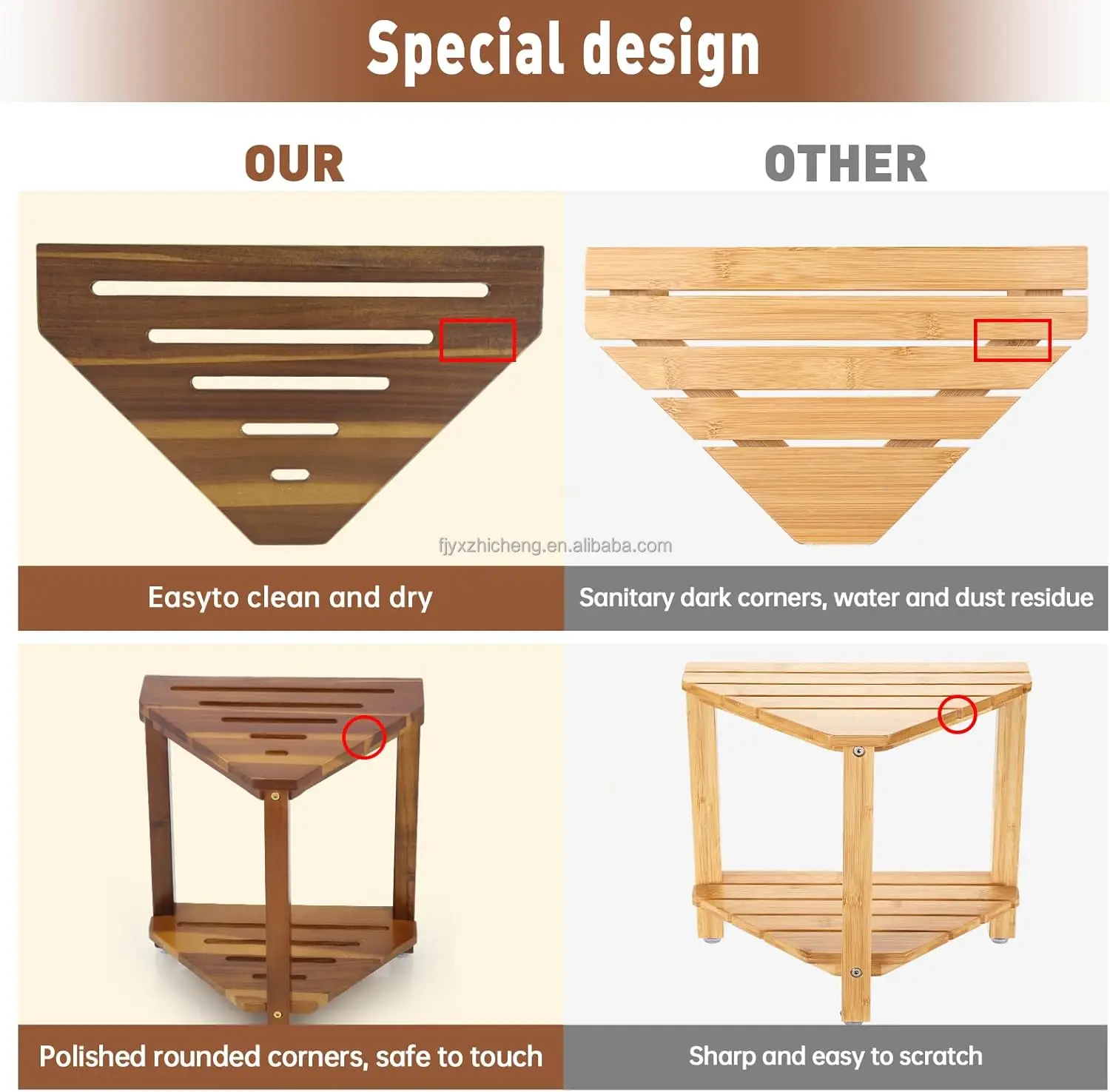 product 16in modern eco friendly shower foot rest corner stool shaving legs storage shelf small bench sit bath seat acacia wood-2