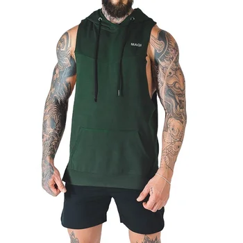 Wholesale custom logo men blank sleeveless hoodies vest athletic training two pocket singlets
