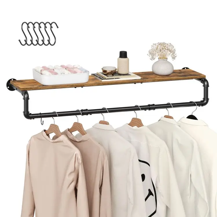 Wholesale Wooden Wall Mounted Coat Racks with Hooks and Storage Shelf Industrial Style Clothes Holder Rods for Entryway