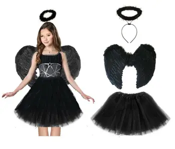 2022 New style DARK ANGEL FAIRY COSTUME Feather Wings Girls Halloween Fancy Dress Outfit Party Lot