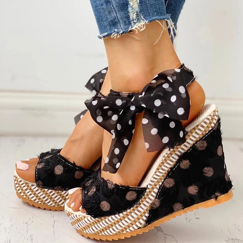Fashion Women Sandals Dot Bowknot Platform Wedge Female Casual High Increase Shoes Ladies Ankle Strap Open Toe Sandals