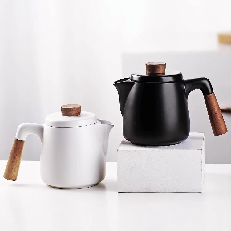 Nordic Creative Simple Ceramic Teapot With Wooden Handle Kitchen Tea Pot Water Kettle Restaurant Teaware Drinkware supplier