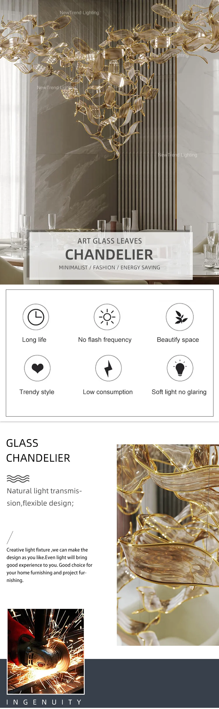 CPL-160 Modern Design Custom Indoor Decoration Living Room Dining Room Stair Glass Leaf LED Chandelier supplier