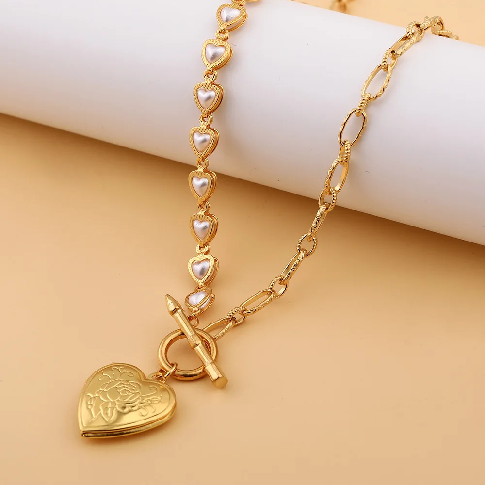 Fashion stainless steel chain heart pearl clavicle chain simple OT clasp choker heart box pendant necklace women