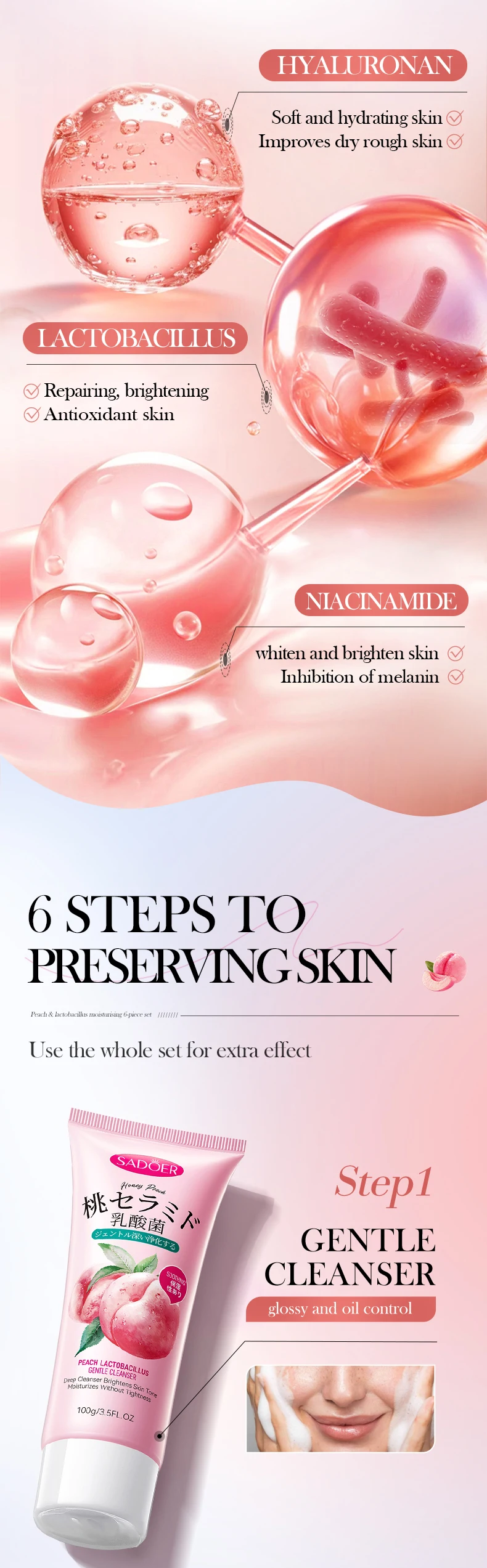 product sadoer private label combination skin care set nicotinamide peach lactobacillus nourishing face cream-7