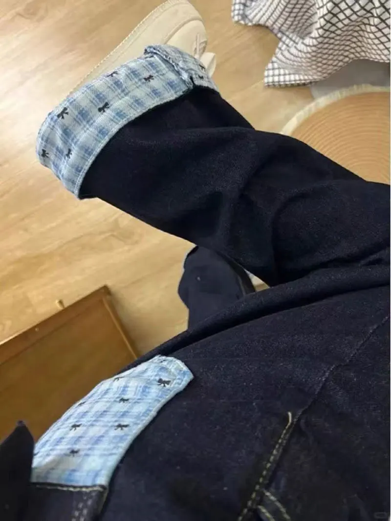 Design Bowknot Plaid Patchwork Denim Jeans for Women Spring Season Plus Size Loose Wide-leg Pants supplier