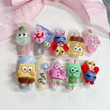 10 pcs Cute Cartoon Patrick Sponge Bob Square Pants Removable False Nails Pure Handmade Press on Nails Artificial Fingernails