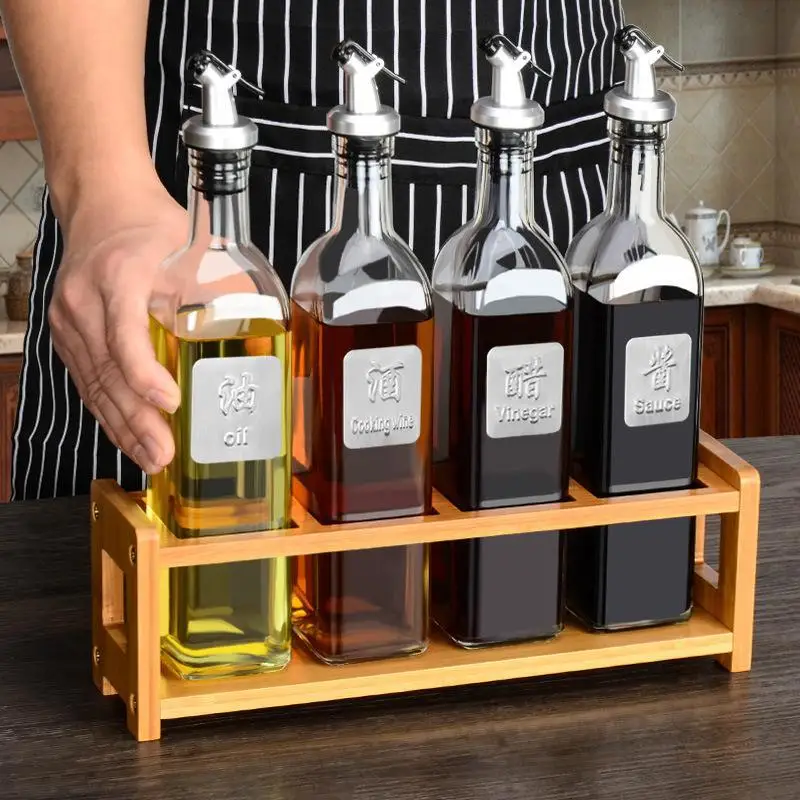 Oil Cooking wine Vinegar Sauce Glass Bottle Set With Wooden Base Safe Packing Color Box Packing Oil Bottle Glass