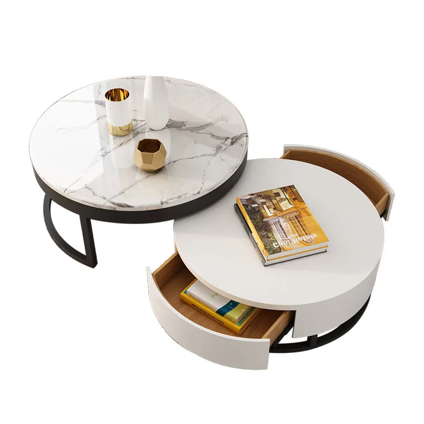 Modern decorative living room coffee shops sides gold stainless steel with extendable hidden storage white coffee table