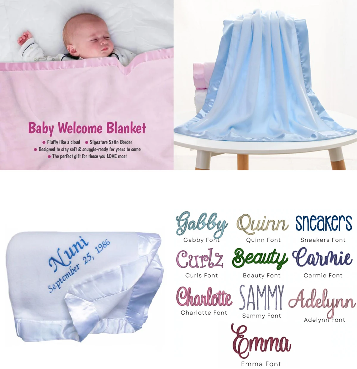 Personalized embroidery name 100% polyester super soft minky microfiber flannel coral fleece custom name baby blanket with satin