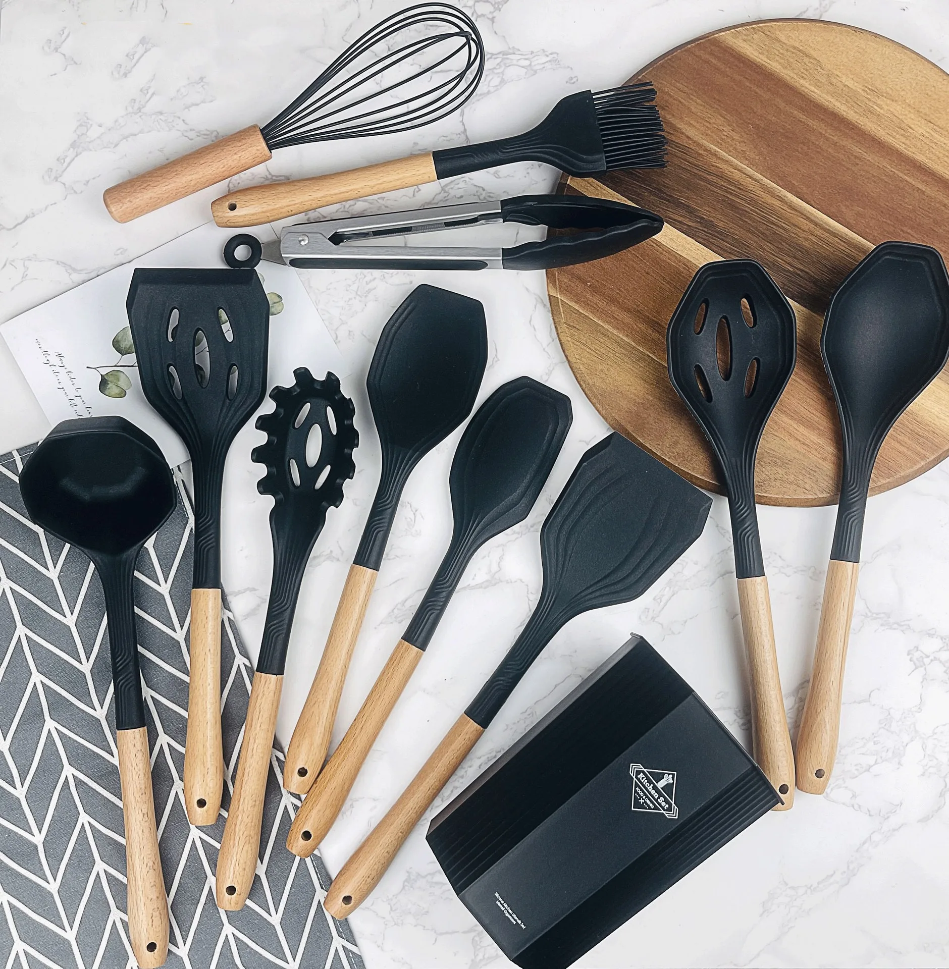 33-Piece Custom Kitchen Set with Silicone Spatula and Wood Handle Hook for Home or Picnic Serving Utensils