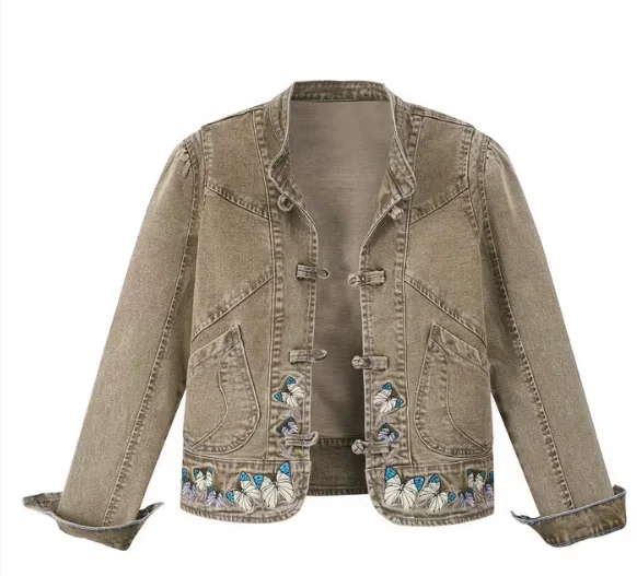 New Chinese Style Embroidered Stretch Denim Jackets Customized Button Women's Short Jacket Top Loose manufacture