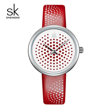 Shengke Women Watches Point Design Dial Quartz Watch Red Leather Luxury Lady Wrist Watch For Girls Relojes Mujer