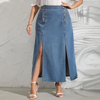 2022 Latest Women Straight Maxi Skirts Big Sizing Splicing Long Front High Slit Denim Skirt Women
