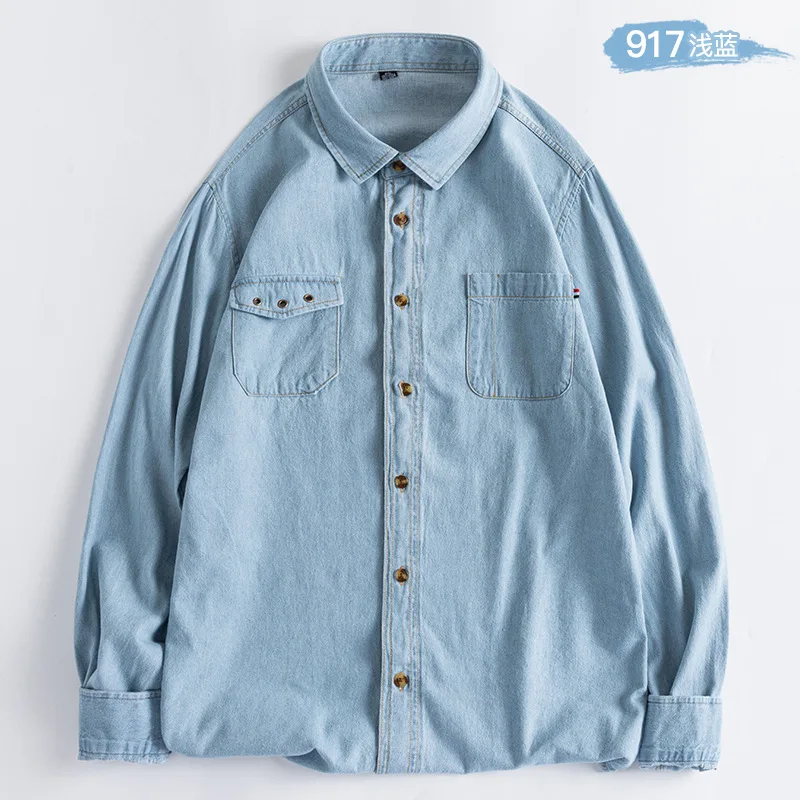 Denim Shirts Men Casual Light Wash Long Sleeve Denim Jeans Shirt supplier