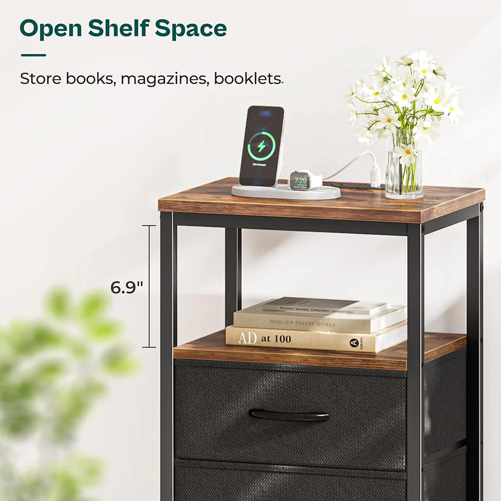 Modern Home Nightstand with Smart Charging Station Fabric Drawers Open Shelf USB Ports Outlets Wooden Panel Bedside Table factory