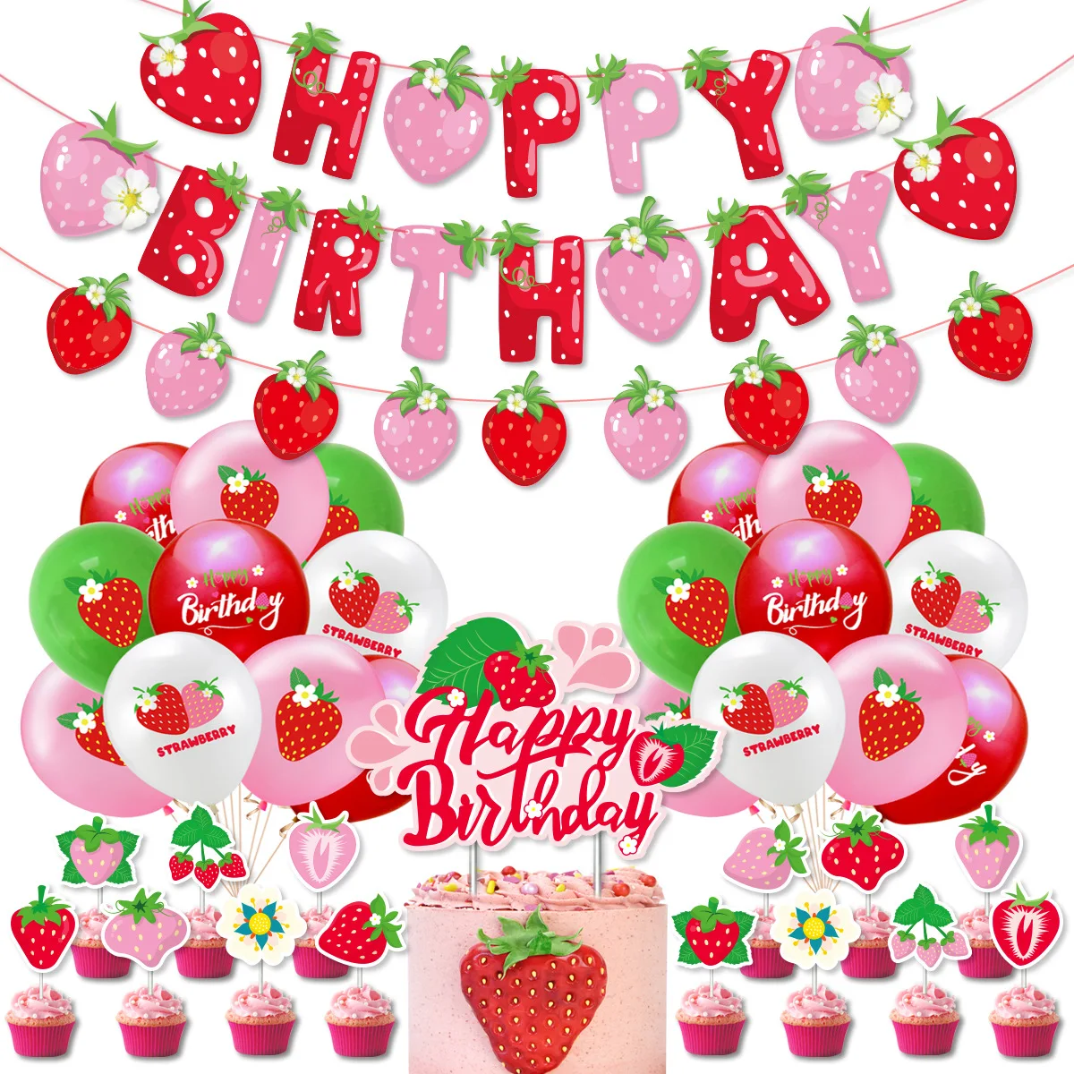 New fruit strawberry theme birthday party decoration strawberry flag cake card party balloon set