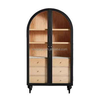 Luxury Restaurant Furniture Mid century-style Solid oak Double glass Door Storage Cabinet For House