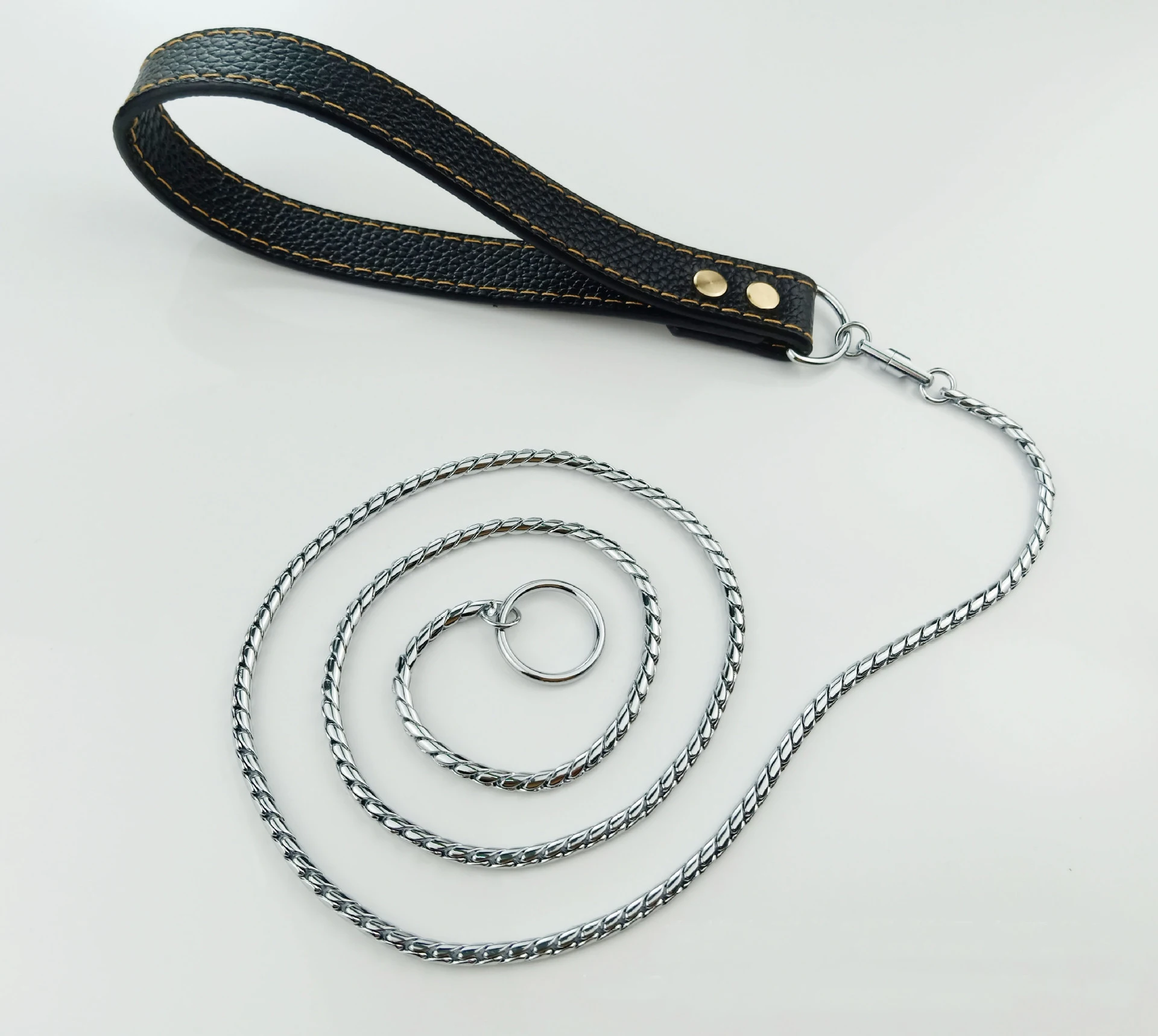 Snake Dog Collar and Leather Chain Stainless Steel Dog Leash with Leather Handle