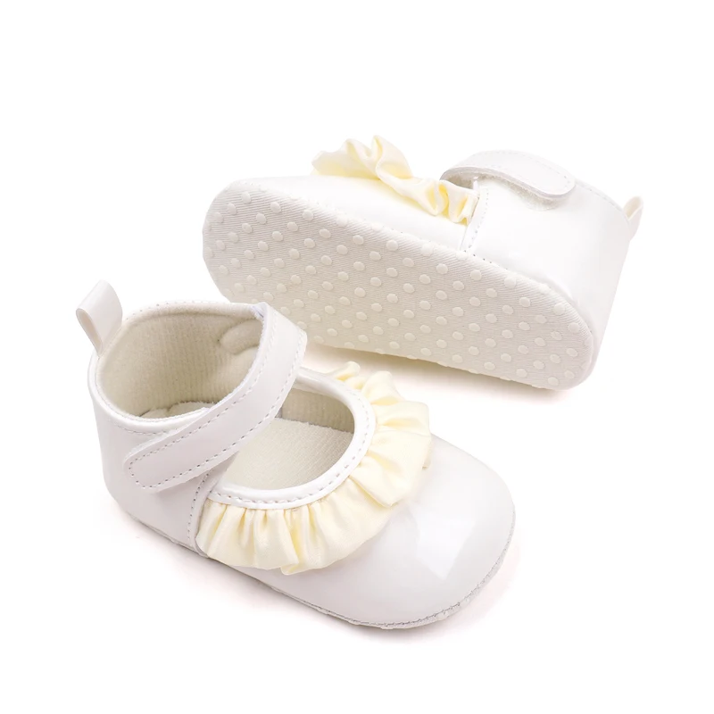 Fashion Lace Princess Shoes Solid Color Baby Girls PU Leather Bright Face Soft Soled Shoes manufacture