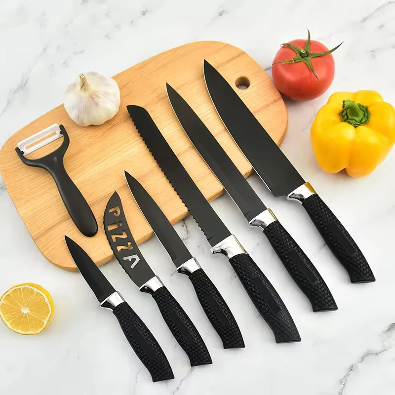 Customized Logo Stainless Steel Knives Set 7 Pieces Kitchen Knife Set Non Stick Coating Black Knife Sets Custom Logo Packaging