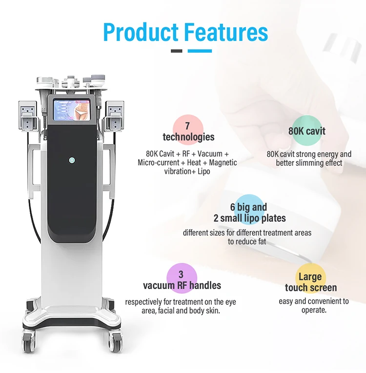 10 in 1 80K Cavitation Slimming Machine with Vacuum RF and Lipolaser Pads 9 <div> <div class="summary__title"> <h5 class="h4 accordion__title">TECHNICAL SPECIFICATIONS</h5> </div> </div> <div id="ProductAccordion-1c28ceb2-8ff6-4ef1-ada8-722b51b23234-template--16767484887258__main" class="accordion__content rte"> <ul> <li>Machine Power: 500W</li> <li>Cavitation Frequency: 80Khz</li> <li>Voltage: 100V/110V/220V</li> <li>Material: Metal Handle + ABS</li> <li>Vacuum Pressure: -20KPA</li> <li>Laser wavelength:635nm~650nm</li> <li><span class="attr-name J-attr-name" title="Technology">Technology: </span>RF + Vacuum + BIO + heat + Cavitation+Lipolaser</li> <li>Package Size: 56*54*120cm</li> <li>Package Weight: 27 kg</li> <li> <div>ReturnPolicy: <b class="magic-5">30 Days Money back guarantee</b> <a href="http://skintechx.com/refund_returns" data-sm="true">Return Policy</a></div></li> <li> <div>ShippingDetails: <b class="magic-5">FREE SHIPPING fast delivery</b> <a href="https://skintechx.com/shipping-policy" data-sm="true">Shipping policy</a></div></li> </ul> </div> 10 in 1 80K Cavitation Slimming Machine with Vacuum RF and Lipolaser Pads